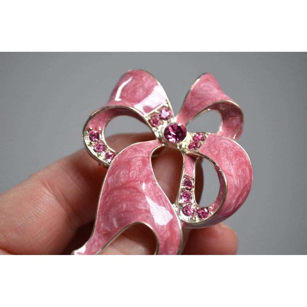 Vintage Ribbon Bow Pink Swirl Enamel Coated‎ Brooch Pink Rhinestones